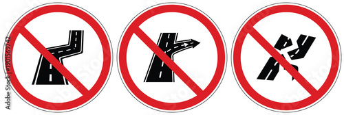 Road prohibition signs collection showing no merging, no diverging, and no through traffic ahead