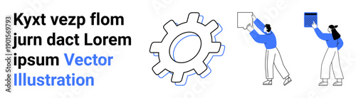 Technology, teamwork, education, problem solving, communication, and collaboration. A gear alongside two people using speech bubbles and charts. Technology and teamwork concepts
