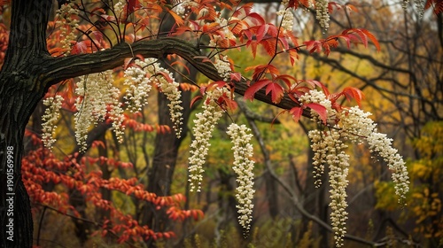 Sourwood Tree Blooms, Red Foliage, Detailed Branch