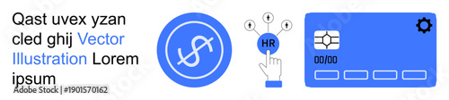 Human resources, payroll management, digital payments, business technology, data analysis, and automation. Icons include dollar sign, HR touch interface and a smart card. human resources and payroll