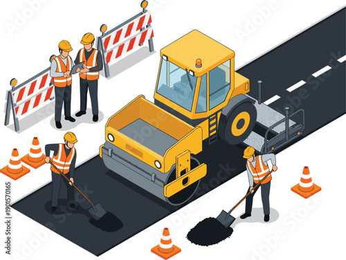 Isometric vector illustration of a construction crew paving an asphalt road with a yellow road roller and safety barriers.