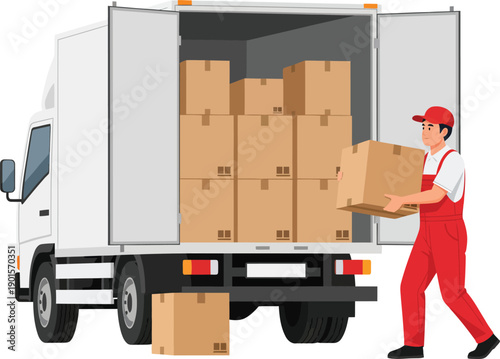 Professional mover in red uniform loading stacked cardboard boxes into a white delivery truck.