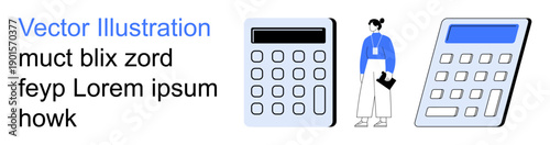 Financial planning, data analysis, budgeting, accounting, money management, business tools. A person holding documents beside two calculators. Financial planning and data analysis concept