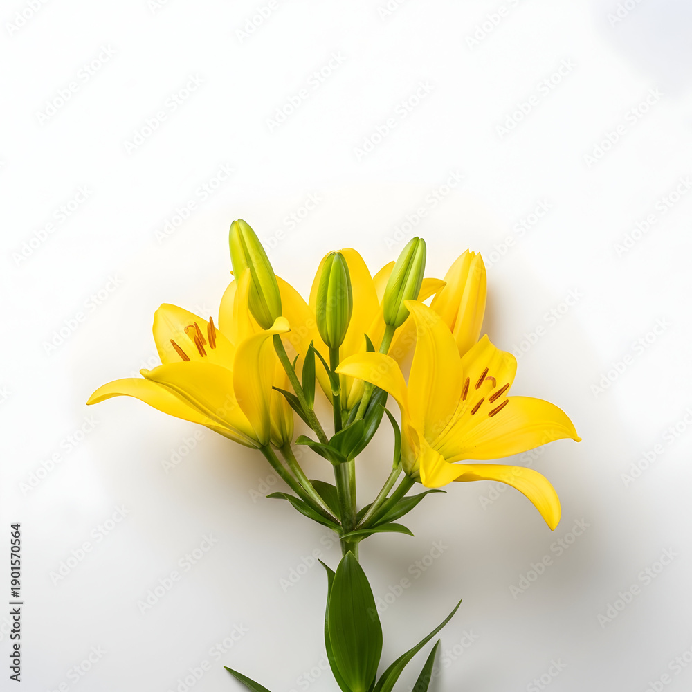 Obraz premium Vibrant Yellow Lilies Bouquet with Green Leaves Elegantly Arranged on a White Background.