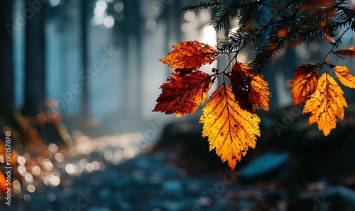 Autumn leaves with orange tones on rainy branches in misty forest
