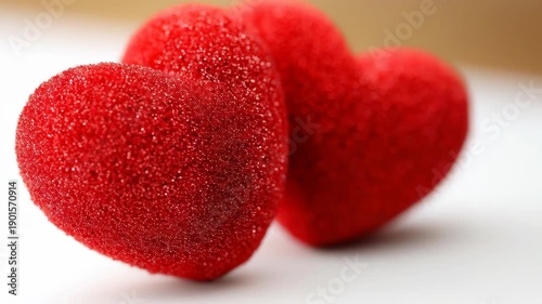 Red Hearts of Passion: Two vibrant, heart-shaped objects symbolizing love, passion, and affection. The close-up shot highlights the texture and color.