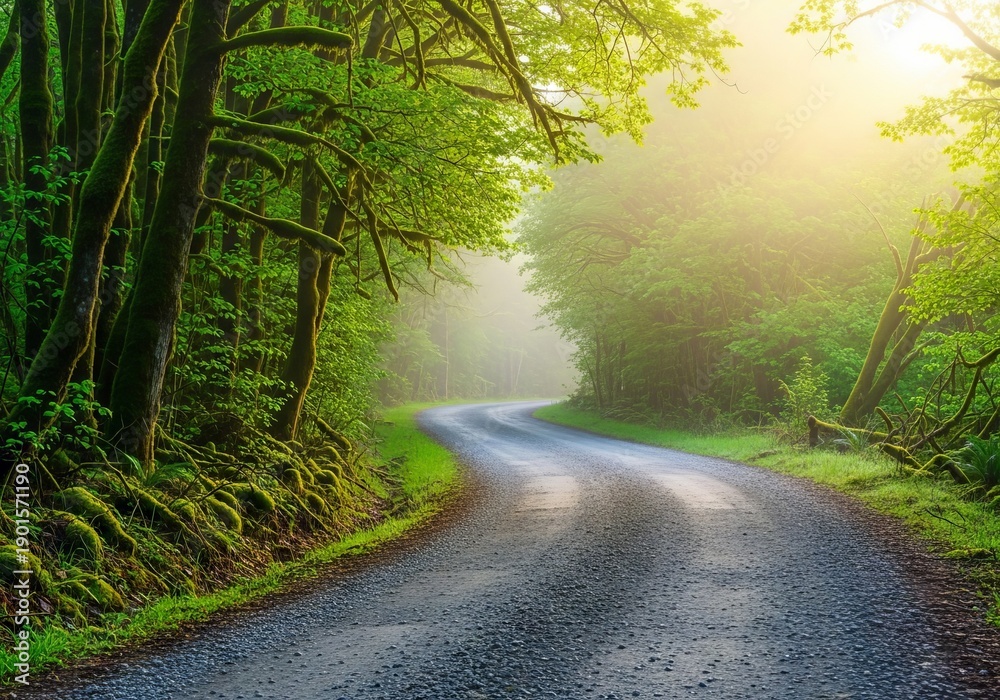 Fototapeta premium Soft morning light touches a solitary gravel forest road surrounded by mist and dense trees, capturing the essence of the new year's earliest dawn, new, landscape, awakening