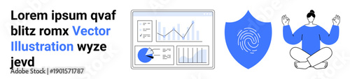 Data analysis graphs, charts on dashboard, shield with fingerprint for security, and person meditating. Ideal for business analytics, cybersecurity, wellness, productivity, focus mindfulness simple