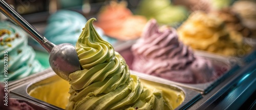 A colorful display of gelato flavors in a modern ice cream shop with a scoop of green tea gelato being served.