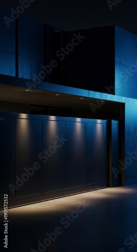 Imposing anthracite metal sliding gate fence serving as the focal point of a severely dark, moody minimalist architectural design, metal, luxury, modern