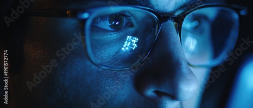 Wallpaper Mural A close-up of a man's face wearing glasses with code reflected in the lens Torontodigital.ca