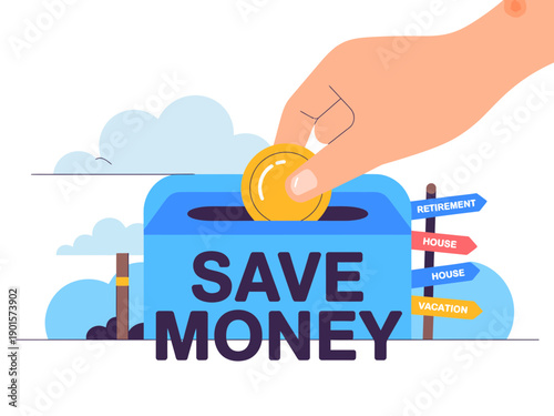 A hand putting a coin into a blue piggy bank with the words 'SAVE MONEY' on it, surrounded by colorful coins and clouds