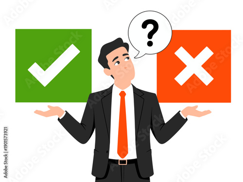 A confused businessman holding a checkmark and a cross in a vector illustration