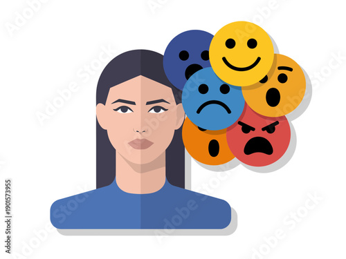 A woman with multiple emotions surrounding her head in a vector graphic illustration
