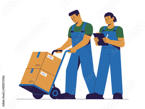 Two workers in blue overalls moving boxes with a dolly
