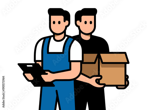 Two delivery men carrying boxes and a clipboard in a minimalist vector illustration