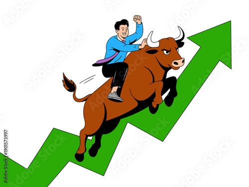 A man riding a bull on a green arrow, symbolizing stock market growth and success.