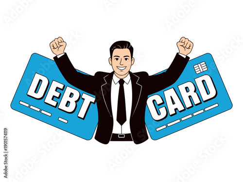 A cartoon businessman holding up two large credit cards with the words 'DEBT CARD' on them in a playful and humorous illustration.