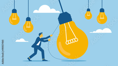 A businessman in a blue suit pulls a large yellow lightbulb with a rope, surrounded by smaller hanging lightbulbs and clouds in a light blue background.