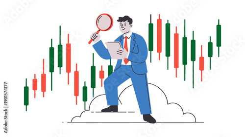 A businessman in a blue suit analyzes stock market trends with a magnifying glass and notebook, standing on a cloud amidst green and red candlestick charts.