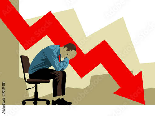 A stressed businessman sitting in a chair with a downward trend graph behind him