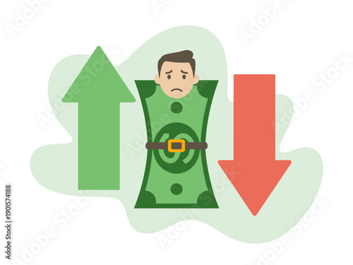 A frustrated man is squeezed between rising costs and decreasing income in a financial struggle vector illustration.