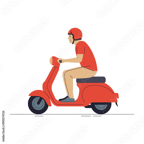 A man riding a red scooter while wearing a helmet