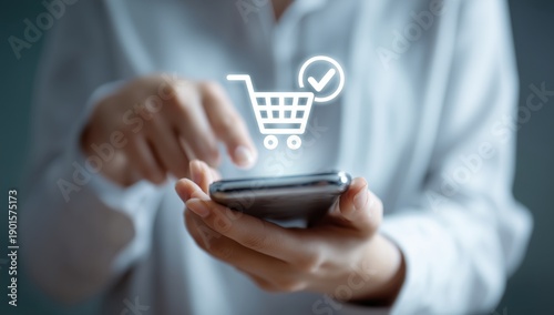 Wallpaper Mural a person holding their phone with an icon of a shopping cart and checkmark floating above it, indicating a successful online shopping transaction Generative AI Torontodigital.ca