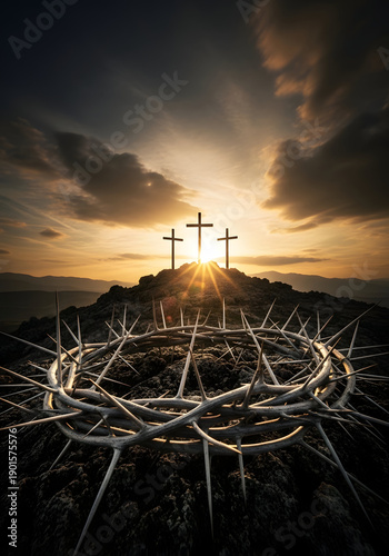 Crown Of Thorns Silhouette With Three Holy Crosses During A Golden Sunset