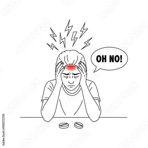 A person experiencing a headache clutches their head in distress, with pills nearby.