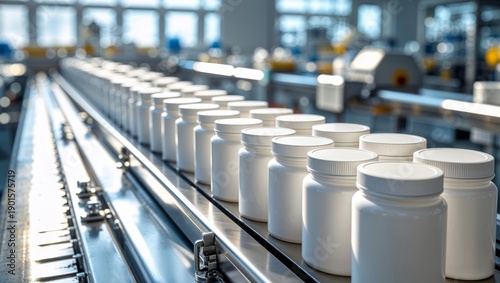 Automated production line with rows of white plastic bottles on a conveyor belt