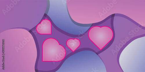 Pink and purple hearts on a wavy background.