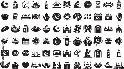 Ramadan and Islamic Icon Set - Black Vector Muslim Eid Mubarak Symbols Collection