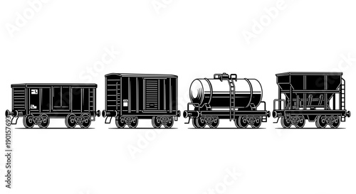 A set of four black train cars in a minimalist vector graphic illustration on a white background