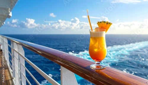 A vibrant cocktail on a wooden railing against an endless blue ocean and sky, with a frothy top and pineapple garnish