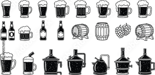 Assorted beverages and brewing equipment icons in black and white, from mugs to barrels, showcasing various drinks and related tools in a minimalist style.