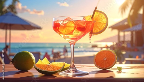 A vibrant cocktail on a wooden table, featuring orange slices, ice, and a straw, against a sunny beach background