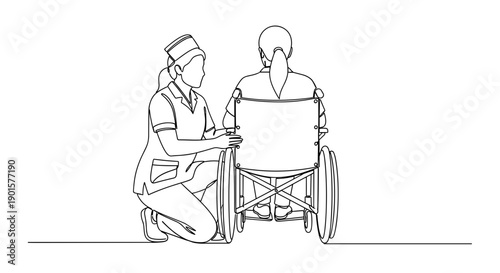 A minimalist line art illustration of a nurse assisting a disabled patient in a wheelchair