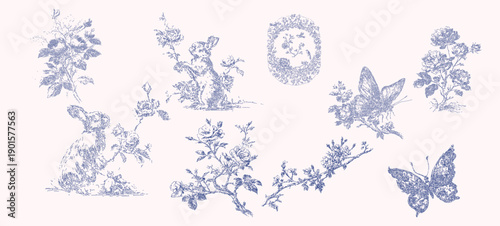 Floral bunny baroque line art clipart