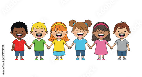 A colorful illustration of six diverse children holding hands in a circle with big smiles