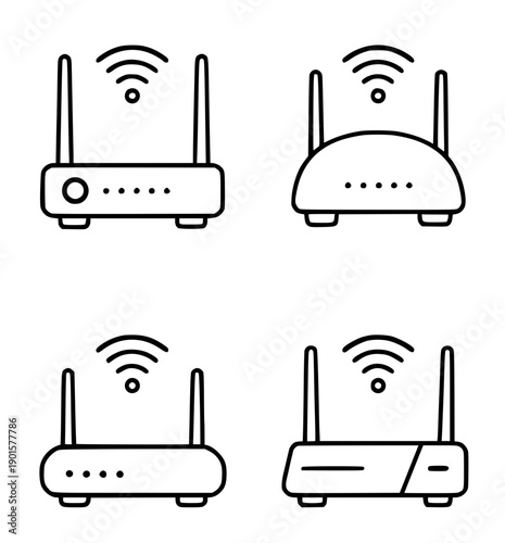 Electronic or technology icon, vector illustration of 4 wifi routers, in outline design style
