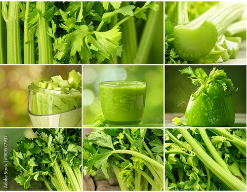 A vibrant collage showcasing celery in various forms whole stalks, chopped pieces, and refreshing green juice
