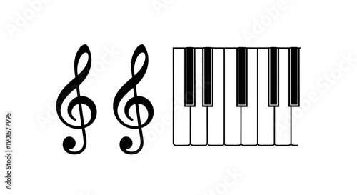 A minimalist vector graphic illustration of musical notes and a piano keyboard on a white background