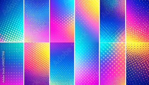A vibrant collection of abstract backgrounds featuring gradients of blue, pink, and yellow, with varying dot and line textures