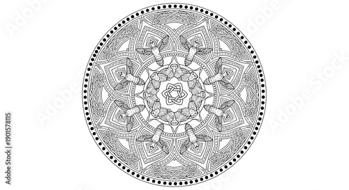 A detailed black and white mandala design on a circular shape with intricate patterns