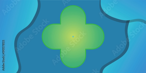 Abstract green cross symbol with a gradient on a blue background with organic wavy shapes.