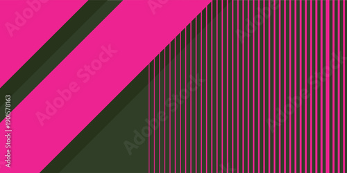 Modern graphic design featuring contrasting hot pink diagonal bands and fine vertical stripes on a deep green backdrop.