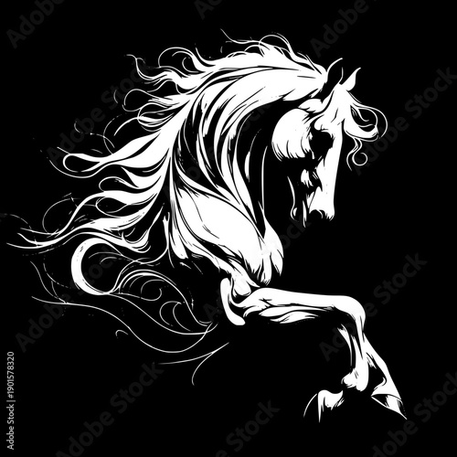 Elegant fantasy horse and lady face fusion silhouette, white flat vector on black background, detailed mane and hair flow design