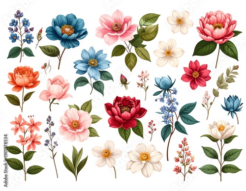 A vibrant collection of botanical illustrations, showcasing a variety of colorful blossoms and foliage elements