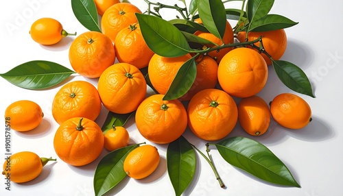 A vibrant collection of citrus fruits, including oranges and lemons, with lush green leaves arranged on a white surface